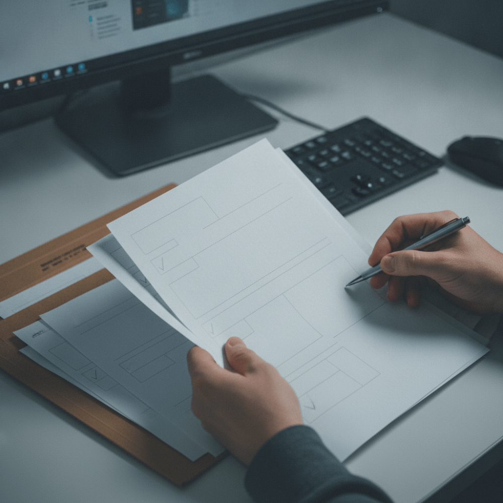 Gros plan sur des mains vérifiant des documents de commande papier à côté d'un clavier d'ordinateur